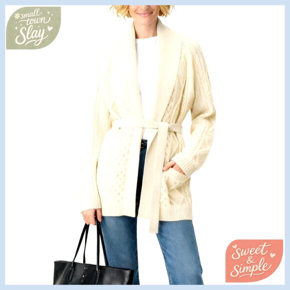 Cable Knit Cardigan with Removable Belt, Lightweight Polyester, Open Front